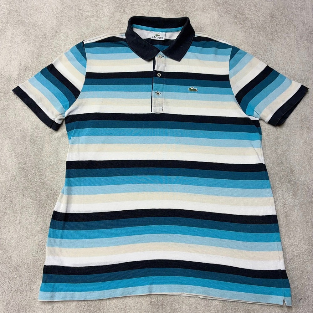Lacoste Striped Pique Cotton Polo Shirt Blue Striped Logo F5181 Mens 5 / Large
